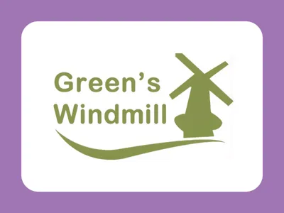 Logo with the text "Green's Windmill" beside a stylized windmill graphic on a purple background.