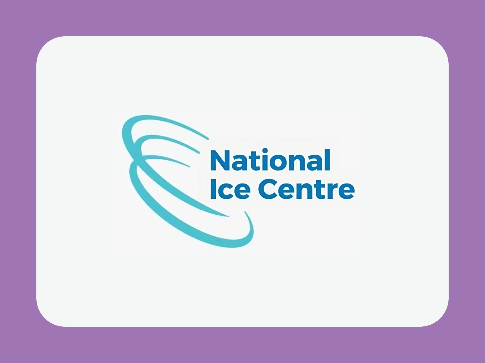 National Ice Centre logo with blue swirling lines on a white background and a purple border.