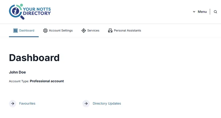 Online portal dashboard showing navigation links, user profile menu, and sections for new order and previous updates.