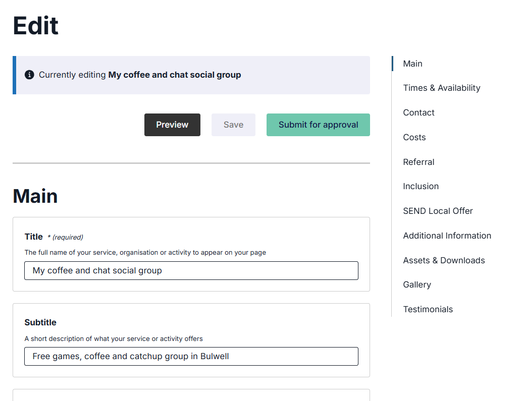 A web dashboard interface showing an edit page with fields for title and subtitle, and a side navigation menu.