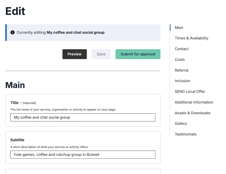 A web dashboard interface showing an edit page with fields for title and subtitle, and a side navigation menu.