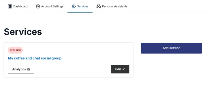 Services section showing a declined notification test service