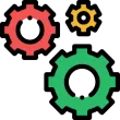 Green, red and yellow cog wheels in decreasing size