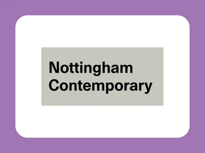 Text that reads "Nottingham Contemporary" centered on a gray rectangle with a purple border.