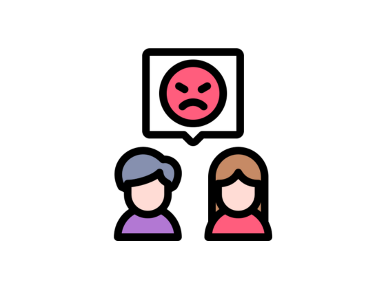 Speech bubble above the heads of two people with an angry face in it
