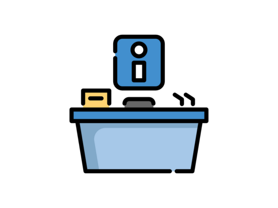 A desk with a sign above with a letter i