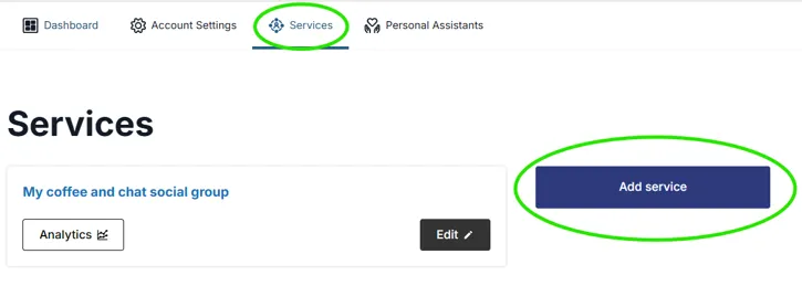 The "Services" tab is selected, and a large blue "Schedule" button is highlighted on the page.