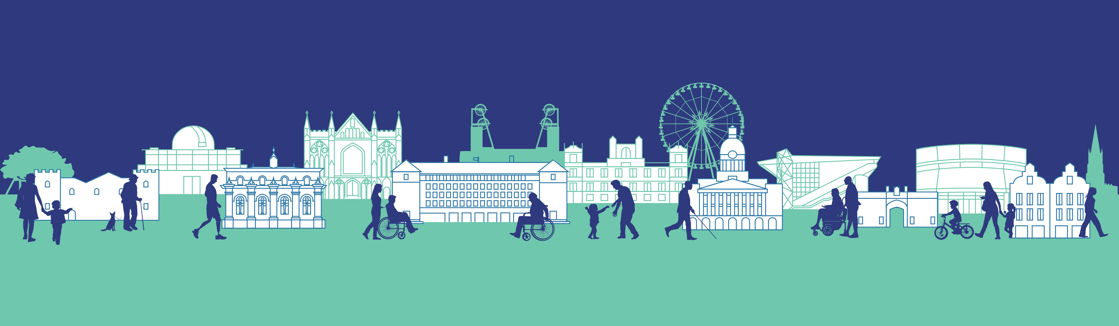 Stylised skyline illustration showing landmark buildings with silhouettes of people