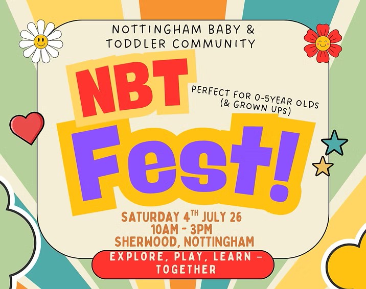 Colorful flyer for "NBT Fest!" with event details: October 4, 4-7 pm, Commons Auditorium, featuring food, play, crafts, and raffles.