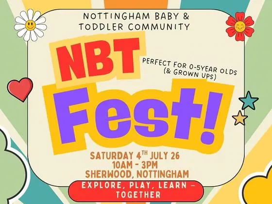 Colorful flyer for "NBT Fest!" with event details: October 4, 4-7 pm, Commons Auditorium, featuring food, play, crafts, and raffles.
