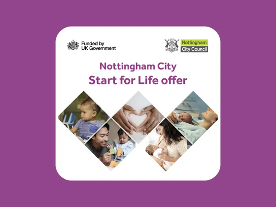 Nottingham City Start for Life offer logo with images of families and children in diamond shapes on a purple background.