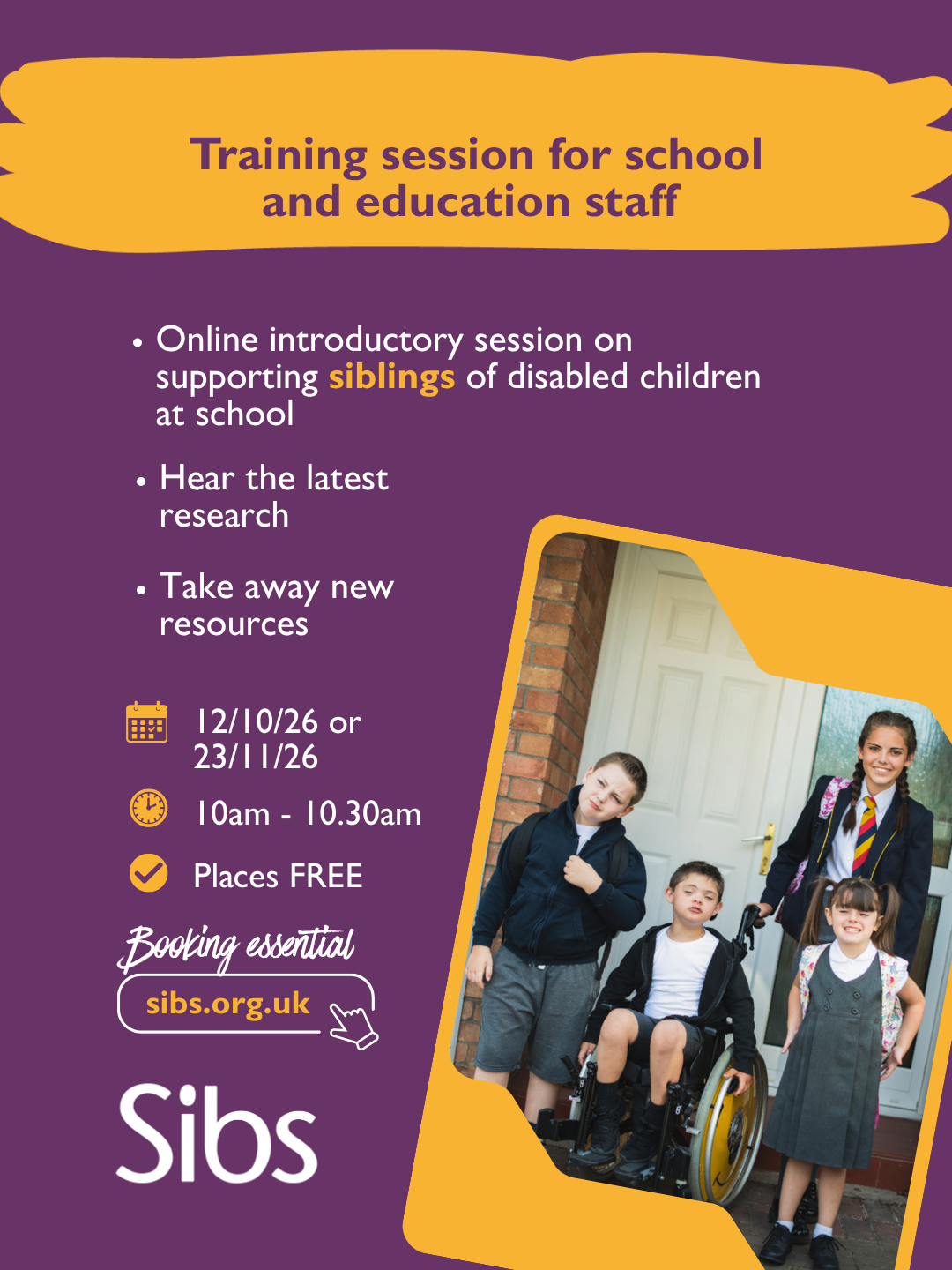 Flyer about the session in purple and yellow