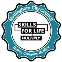 Logo: Text Nottingham City Council, Skills For Life, Multiply, Divide, Conquer, Multiply