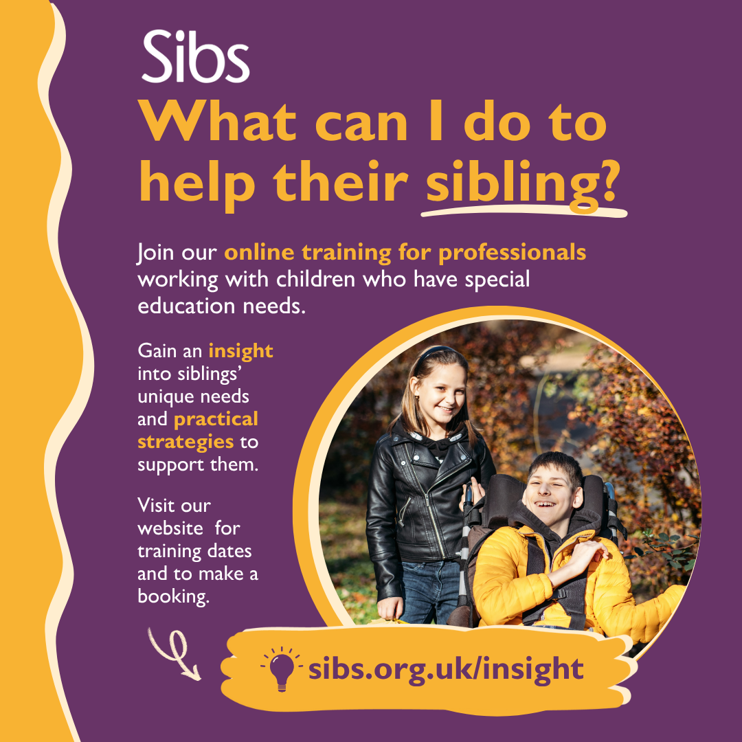 Supporting siblings workshop flyer in yellow and purple