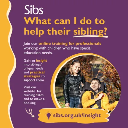 Supporting siblings workshop flyer in yellow and purple