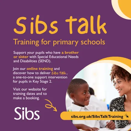 Sibs Talk training flyer in yellow and purple