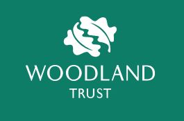 Woodland Trust Two white oakleaves forming a circle on a teal background with Woodland Trust white text below