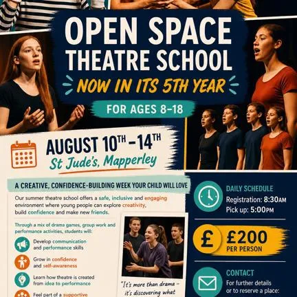Flyer for Open Space Theatre School summer camp, with dates, activities, contact info, and photos of children and instructors performing.